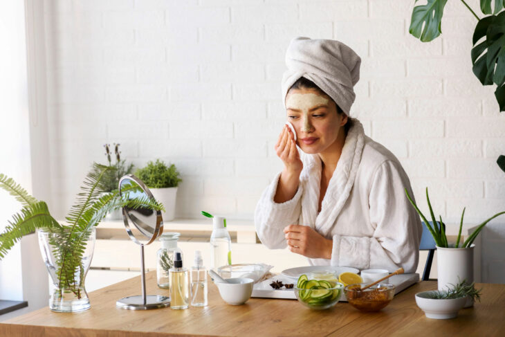 imagen de una chica en la mesa a punto de hacer la rutina de skincare 