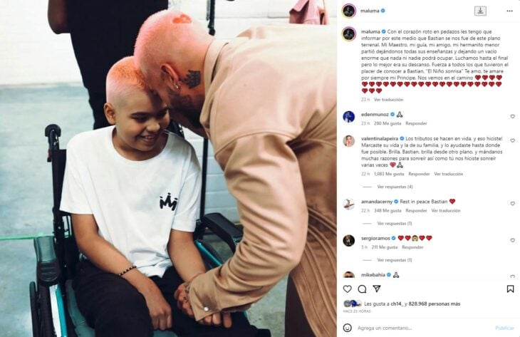 captura de pantalla de la publicación de Instagram con la que Maluma se despide de su hermanito menor Bastian 