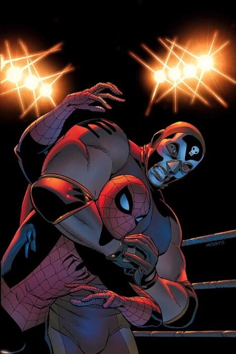 ilustración de el villano el muerto luchando en contra de Spider-Man 