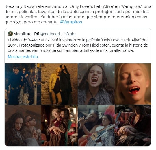 meme comparando el videoclip de Vampiros de la rosalía con la película only lovers left alive