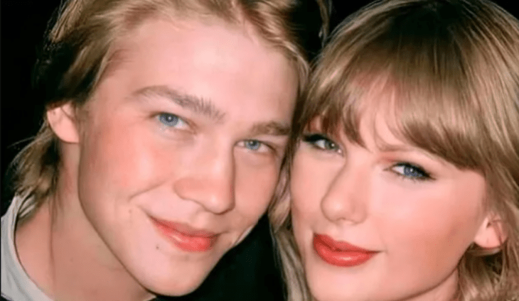 the faces of Taylor Swift and Joe Alwyn both smile at the camera and lean their heads together