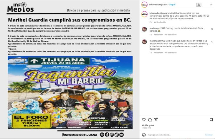 captura de pantalla de una publicación en Instagram sobre la puesta en escena de Lagunilla, mi barrio 