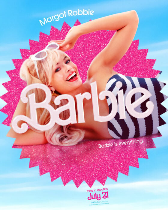 póster que muestra a Margot Robbie en su papel de Barbie en la película de Barbie 