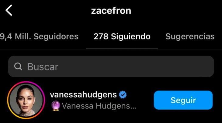 captura de pantalla donde Zac Efron empezó a seguir a Vanessa Hudgens 