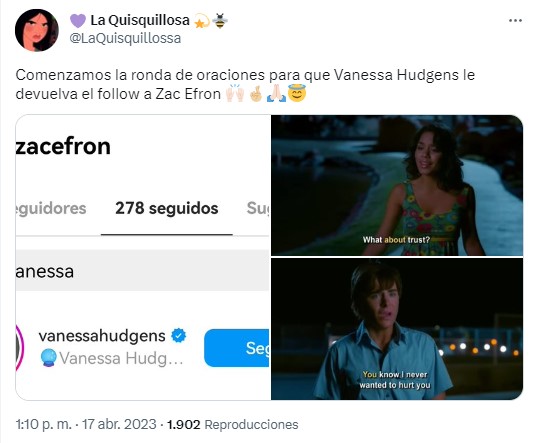 captura de pantalla de un tuit sobre un meme de Zac Efron y Vanessa Hudgens 