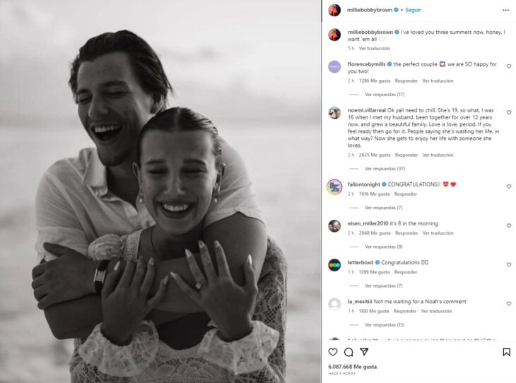 Millie Bobby Brown anuncia su compromiso a través de instagram
