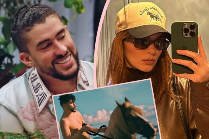 Bad Bunny montando a caballo y Kendall Jenner tomándose una selfie 