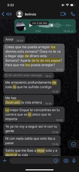 captura de pantalla de una conversación de WhatsApp de Nodal con Belinda