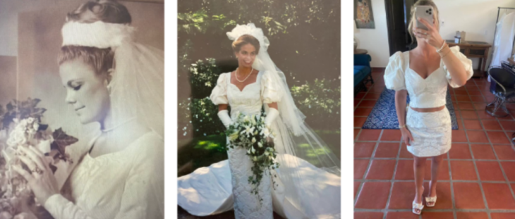 tres imágenes de novias luciendo sus vestidos blancos 