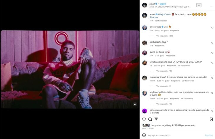 captura de pantalla de la publicación de Anuel AA en Instagram donde dedica su canción a Karol G 