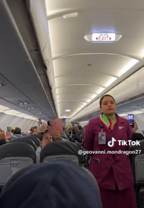 el interior de un avión con pasajeros que está a punto de despegar una sobrecargo con uniforme fucsia espera de pie sobre el pasillo de la aeronave