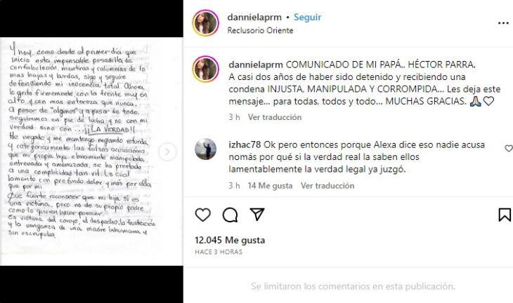 captura de comunicado de Héctor Parra 