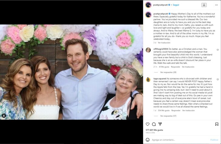 captura de pantalla de una publicación de Chris Pratt por el día de la madre 