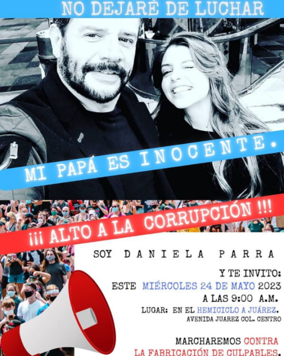 una imagen publicada en Instagram donde aparecen Héctor y Daniela Parra con información para convocar a una marcha