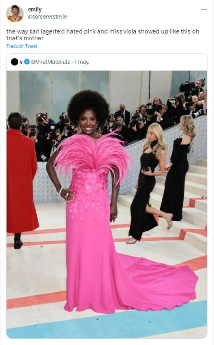 Captura de pantalla de un tuit que muestra el atuendo de Viola Davids en el Met Gala 2023