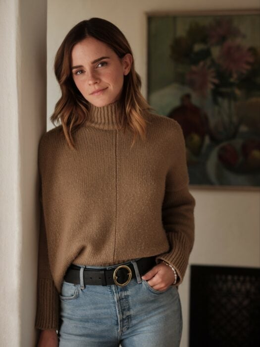 Fotografía de Emma Watson posando con jeans y un suéter café recargada en la pared al interior de una casa 