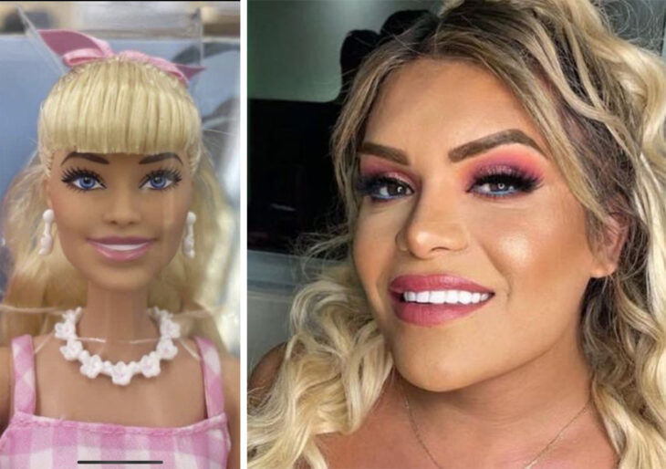 imagen comparativa de Wendy Guevara con la muñeca Barbie de Margot Robbie 