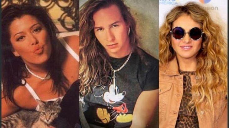 Imagen que muestra a Erik Rubin en medio de las fotografías de Alejandra Guzmán y Paulina Rubio en los años 90