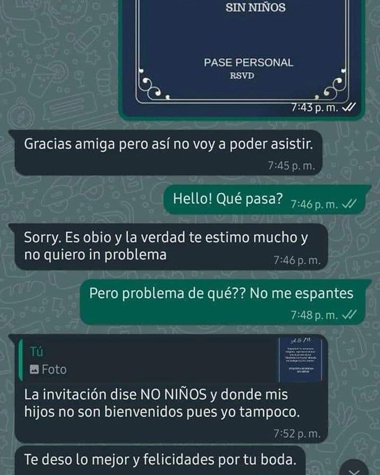 conversación de whats invitación a boda sin niños