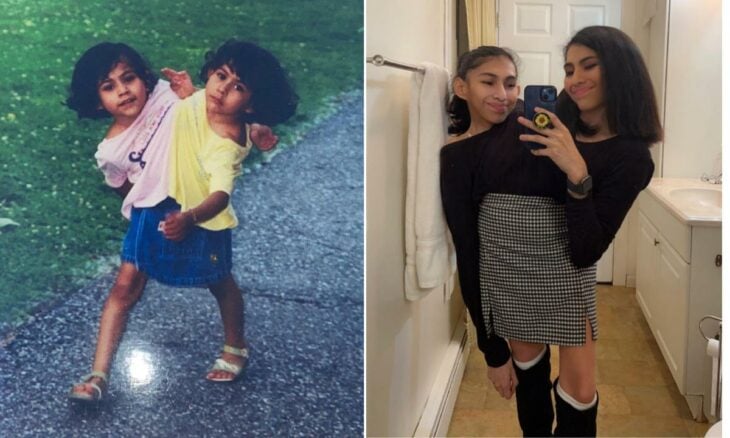 imagen comparativa de un par de hermanas siamesas en su infancia y ya de grandes