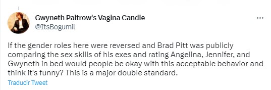 captura de pantalla de un tuit de una persona opinando al respecto de Gwyneth Paltrow compara el sexo entre Ben Affleck y Brad Pitt 