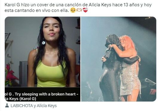 captura de pantalla de un tuit que muestra a Karol G cantando una canción de Alicia Keys hace 13 años y en su concierto en Bogotá 