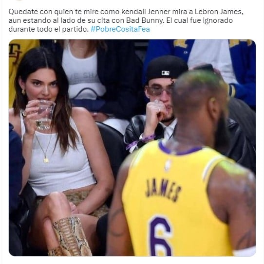 meme sobre Kendall Jenner viendo a un jugador de Los Lakers mientras Bad Bunny está a su lado 