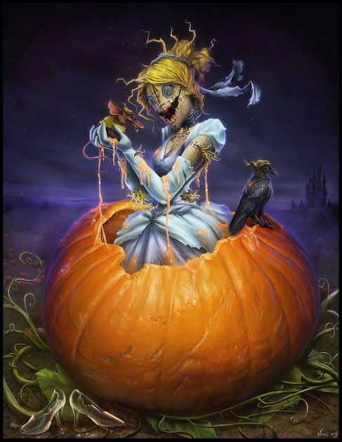 Cinderella coming out of a pumpkin in a terrifying version 