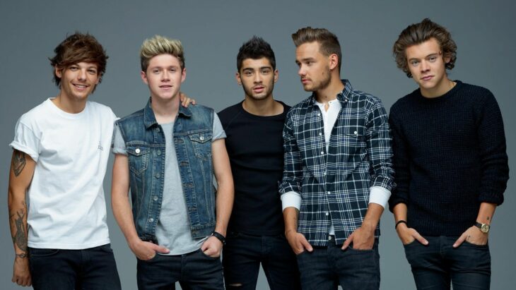 los chicos de One Direction posando cuando estaban juntos en la banda todos visten de manera casual