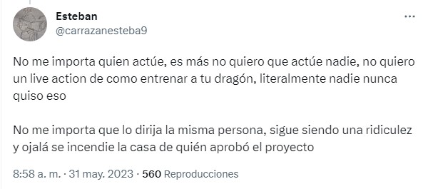 Captura de pantalla de un comentario en Twitter con respecto al live action de Cómo entrenar a tu dragón 