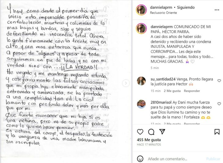 captura de pantalla del Instagram de Daniela Parra donde se observa la carta de Héctor Parra