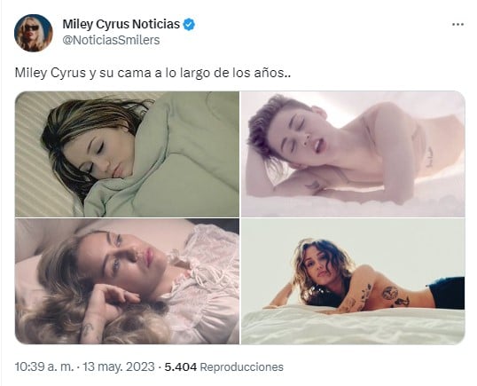 meme sobre Miley Cyrus acostada en la cama en diversos videos 