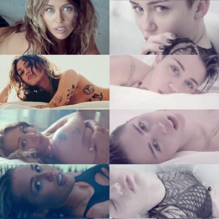 Miley Cyrus en diversos videoclips de sus canciones acostada en una cama 