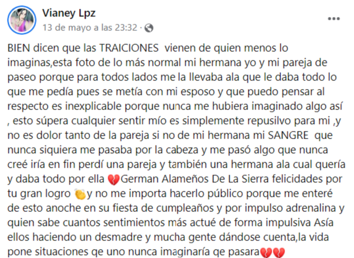 captura de pantalla de Facebook de Vianey López esposa de Germán Misquez Leyva, guitarrista de Los Alameños de la Sierra