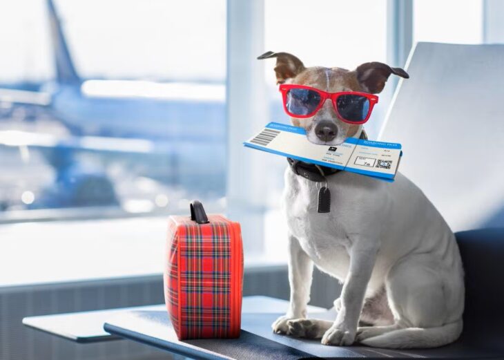 Perro en el aeropuerto con equipaje y boleto 