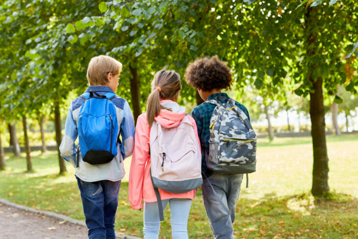 unos niños caminando a la escuela llevan sus mochilas en la espalda y caminan de espaldas a la cámara