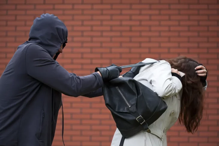 a thief in a gray hoodie tries to wrest a small black backpack from a girl who is resisting being mugged
