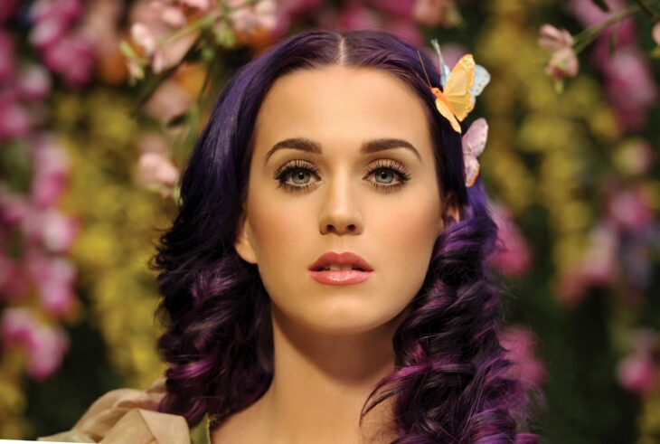 Katy Perry posa con unas mariposas artificiales en el cabello que lleva con un tono morado