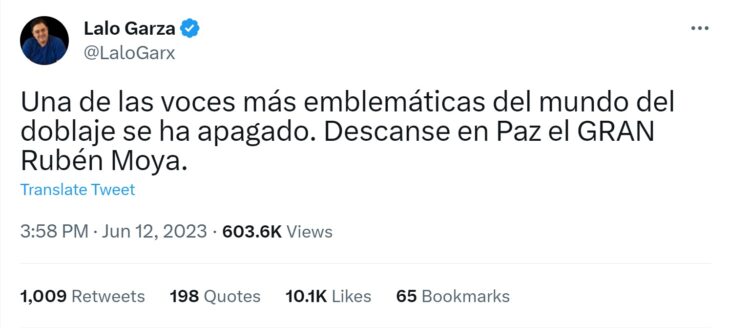 Tuit de Lalo Garza lamentando la muerte de Rubén Moya