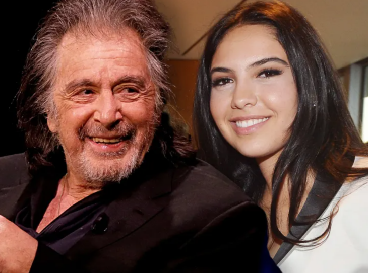 Al Pacino y Noor Alfallah posan sonrientes ella está un poco atrás del actor de El padrino