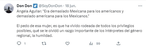 Captura de pantalla de un comentario en Twitter sobre que Ángela Aguilar es más americana que mexicana