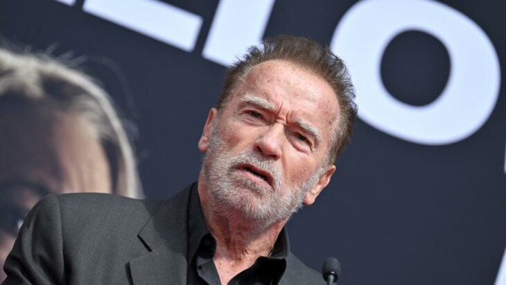 Arnold Schwarzenegger con una expresión de desagrado en el rostro posa en la alfombra roja de algún evento lleva barba y ligero bigote canosos