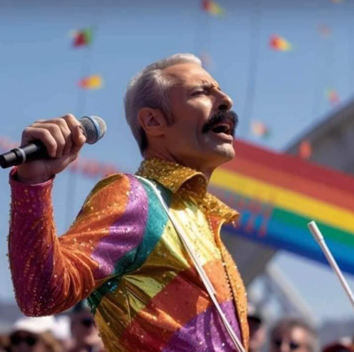 el cantante Freddie Mercury recreado con IA a sus supuestos 77 años lleva una camisa de colores