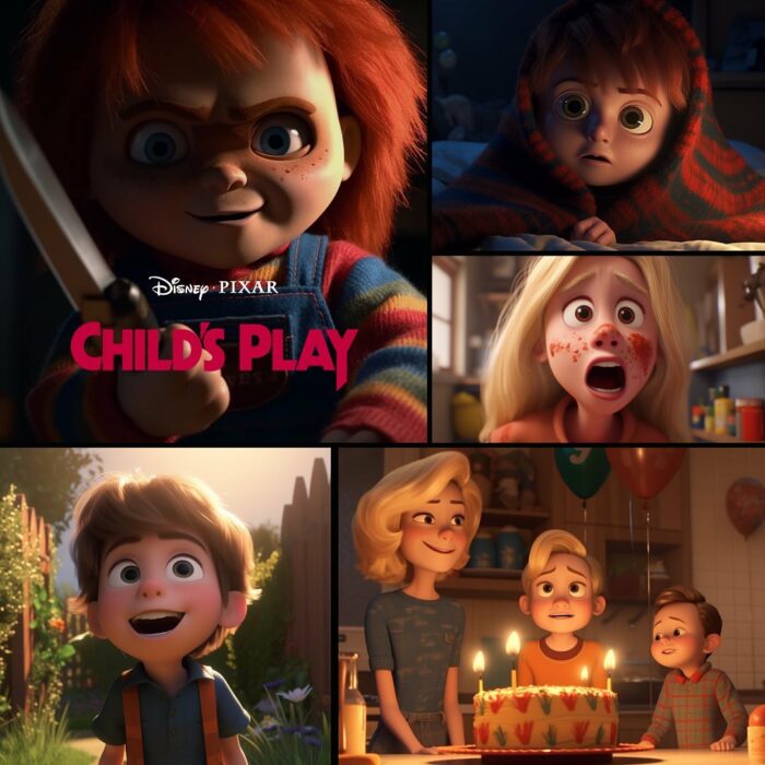 imagen que muestra cómo hubiera sido Chucky si pixar lo hubiera creado 