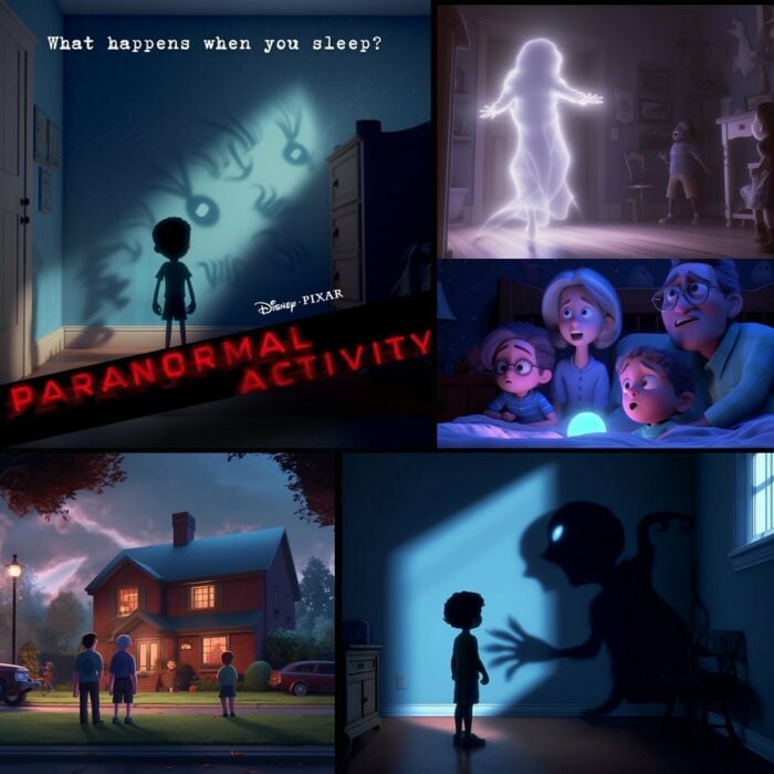 ilustración de la película actividad paranormal si fuera creada por Pixar 