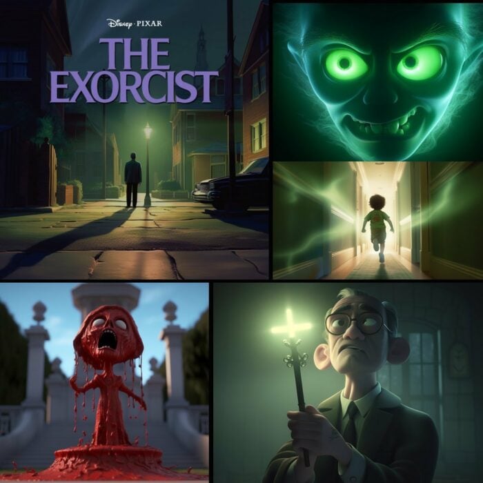 ilustración de la película el Exorcista de cómo se vería si fuera creada por Pixar 