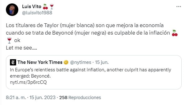 captura de pantalla de un comentario en Twitter sobre la inflación causada por Beyoncé 