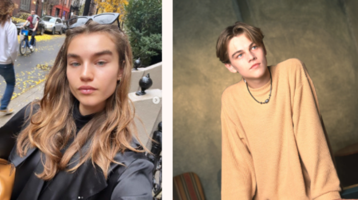 dos imágenes en una aparece la modelo Meghan Roche posando con unos lentes de sol colocados en la cabeza en la otra imagen un Leonardo DiCaprio super joven posando con un suéter amarillo 