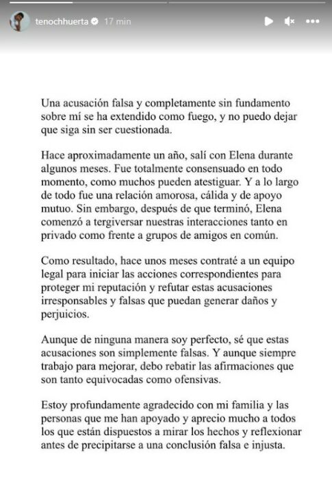 comunicado de Tenoch Huerta por acusaciones de Elena Rios 