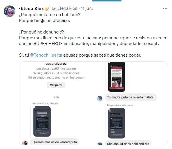 declaración de Elena Ríos en Twitter 